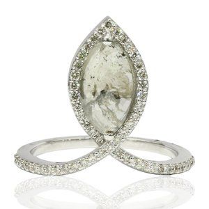 Rose Cut Marquise Diamond Halo Engagement Ring Real Fancy Gray 14K White Gold 1.
